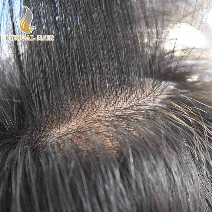 Lyrical Hair Toupee Uomo 0,06 mm Sistema di Sostituzione Capelli con Pelle Ultra Sottile per Uomini Nodini a V Capelli Finti per Uomo Linea Naturale dei Capelli