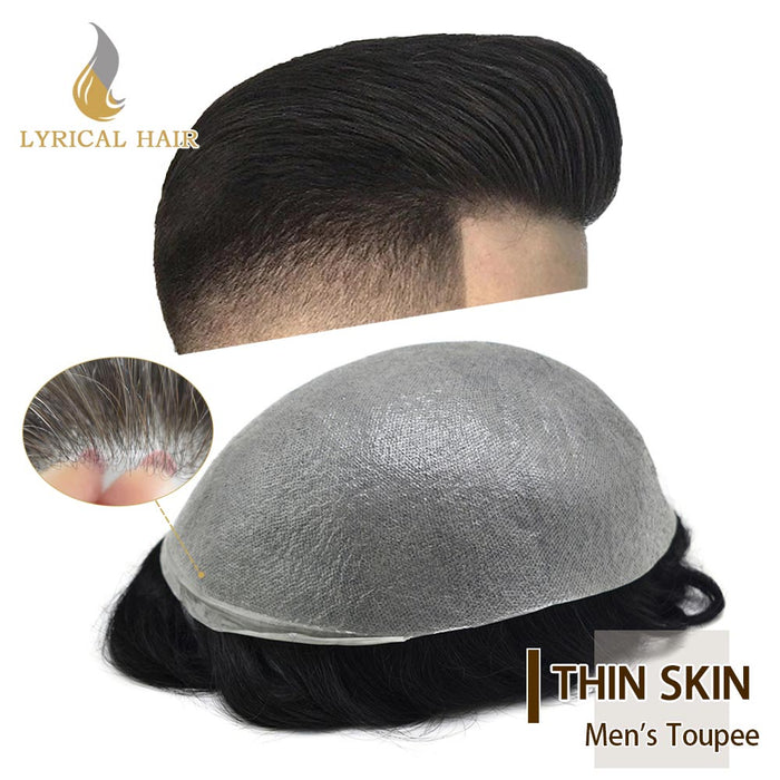 Lyrical Hair Toupee Uomo 0,06 mm Sistema di Sostituzione Capelli con Pelle Ultra Sottile per Uomini Nodini a V Capelli Finti per Uomo Linea Naturale dei Capelli